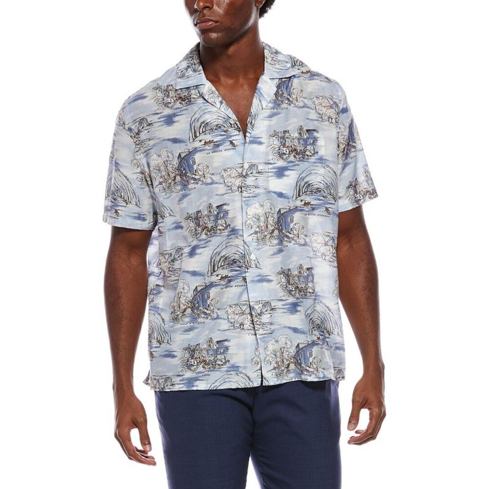 Isaia Mens Silk-Blend Sport Shirt, Blue